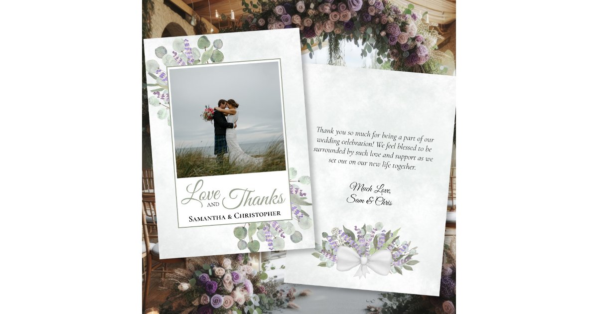 Eucalyptus Lavender Love Thanks Photo Note Wedding Thank You Card | Zazzle