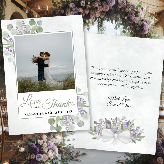 Eucalyptus Lavender Love Thanks Photo Note Wedding Thank You Card | Zazzle