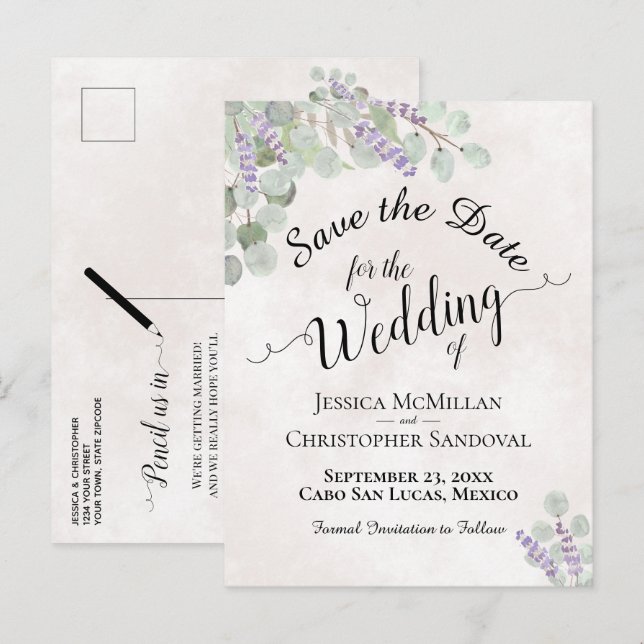 Eucalyptus & Lavender Pink Wedding Save the Date Announcement Postcard (Front/Back)