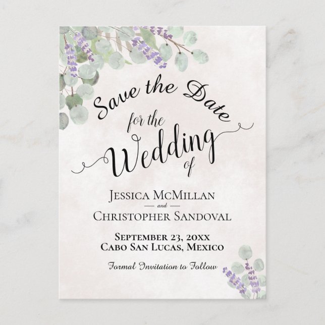 Eucalyptus & Lavender Pink Wedding Save the Date Announcement Postcard (Front)