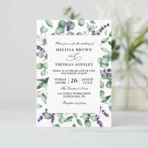 Eucalyptus Lavender Rustic Budget QR Code Wedding Invitation