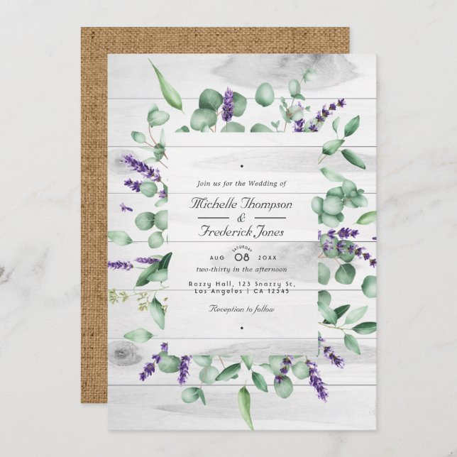 Eucalyptus Lavender Rustic Country QR Code Wedding Invitation (Front/Back)