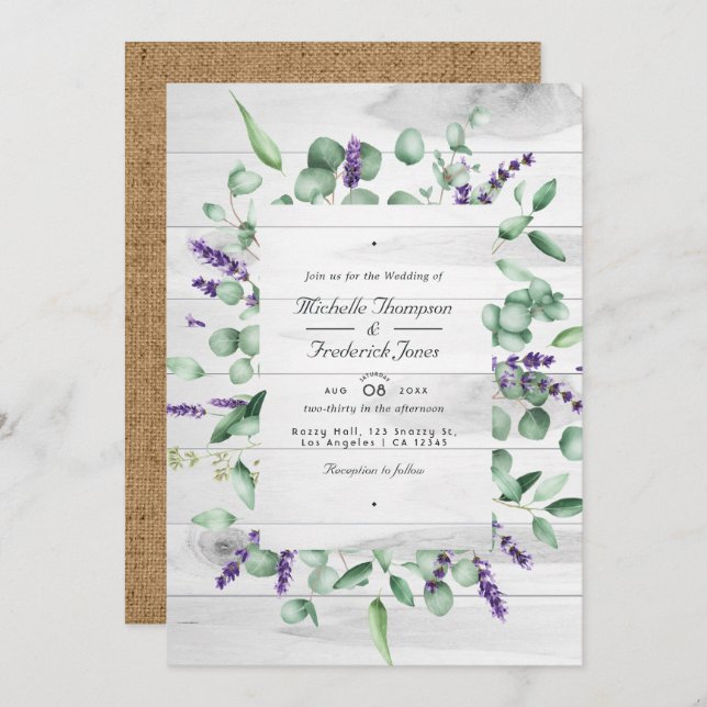 Eucalyptus Lavender Rustic QR Code RSVP Wedding Invitation (Front/Back)