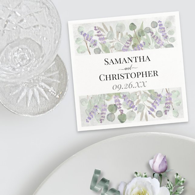Eucalyptus & Lavender Rustic Watercolor Wedding Napkins (In Situ with Plate)