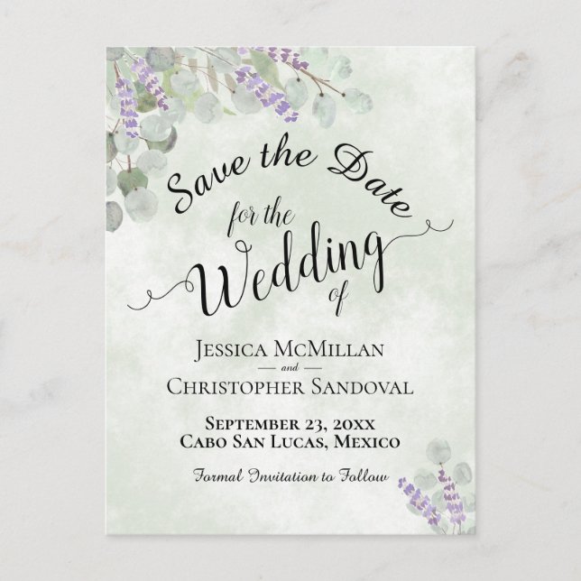 Eucalyptus & Lavender Sage Wedding Save the Date Announcement Postcard (Front)