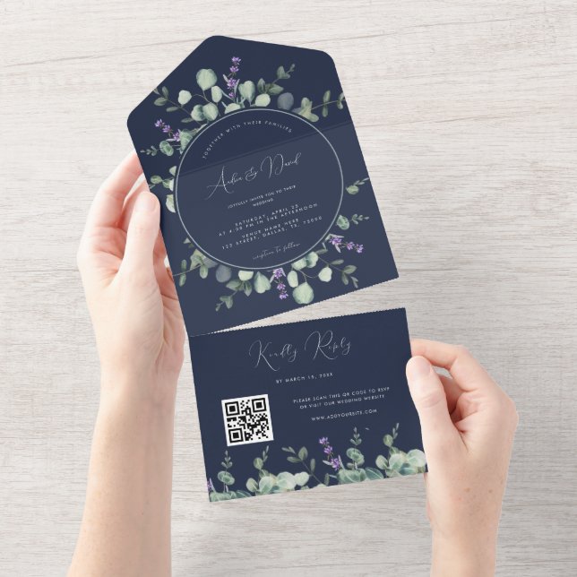 Eucalyptus Lavender Script QR Code Spring Wedding All In One Invitation (Tearaway)