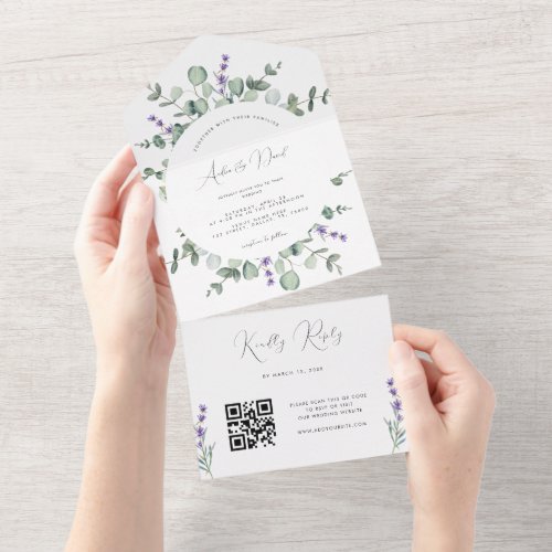 Eucalyptus Lavender Script QR Code Spring Wedding All In One Invitation