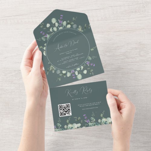 Eucalyptus Lavender Script QR Code Spring Wedding  All In One Invitation