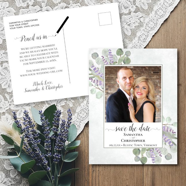 Eucalyptus & Lavender Wedding Save the Date Photo Announcement Postcard (Back/Front)