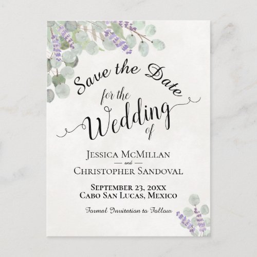 Eucalyptus  Lavender White Wedding Save the Date Announcement Postcard