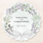 Eucalyptus & Lavender Wreath Elegant Wedding Paper Coaster<br><div class="desc">These beautiful paper coasters will add a special touch to your wedding reception, rehearsal dinner, or other parts of your special day. They feature a rustic hand painted watercolor wreath of eucalyptus leaves, lavender flowers, and greenery in shades of sage green and light purple on a marbled dusty blue background,...</div>
