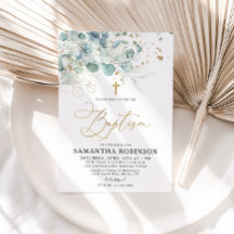 Eucalyptus Leaf and Gold Baptism Invitation