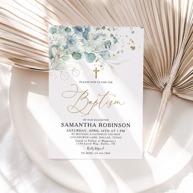 Eucalyptus Leaf and Gold Baptism Invitation (Creator Uploaded)