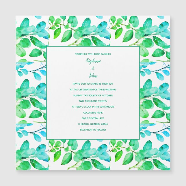 Eucalyptus Leaf Art Green Teal Dusty Blue Wedding Magnetic Invitation (Front)