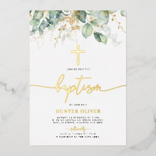 Eucalyptus Leaf Baptism Christening Foil Text Invitation