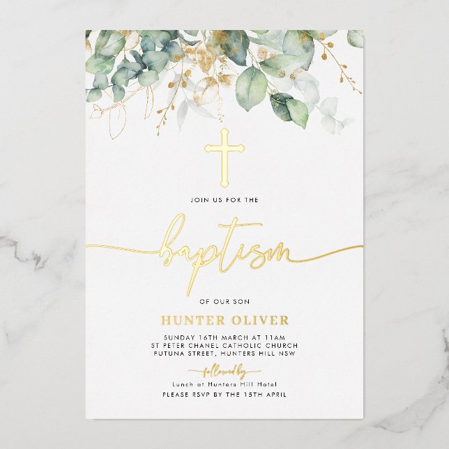 Eucalyptus Leaf Baptism Christening Foil Text Invitation (Front)