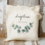 Eucalyptus leaf Bridesmaid favor Tote Bag<br><div class="desc">This Eucalyptus leaf bridesmaid gift tote bag is something your bridesmaids can still use after your wedding day. Get creative by stuffing this cute floral tote bag with your favorite gifts for your bridesmaids, maid of honor, matron of honor, mother of the bride, mother of the groom, flower girl… You...</div>