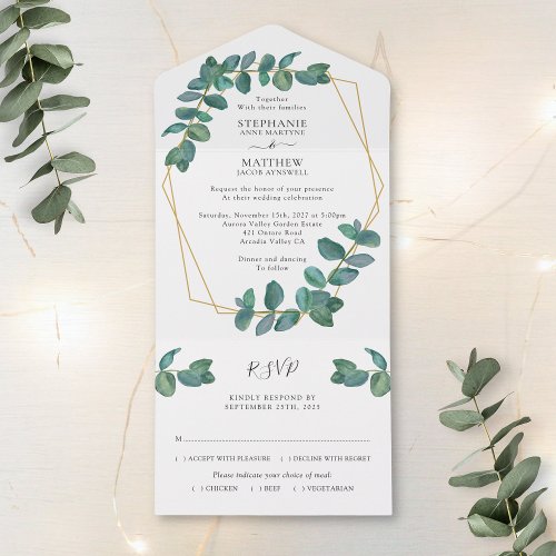 Eucalyptus Leaf Elegant Geometric Wedding All In One Invitation