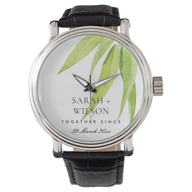 EUCALYPTUS LEAF FOLIAG  SAVE THE DATE WEDDING GIFT WATCH (Front)