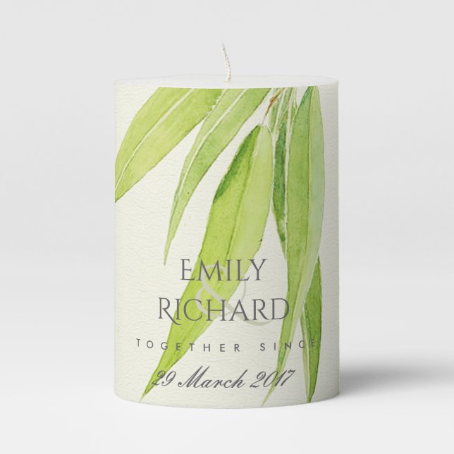 EUCALYPTUS LEAF FOLIAGE SAVE THE DATE WEDDING GIFT PILLAR CANDLE (Front)