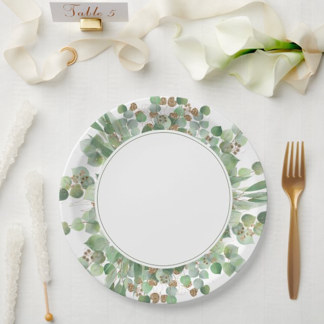  Eucalyptus Leaf Gold Glitter Greenery Wedding Paper Plates (Wedding)