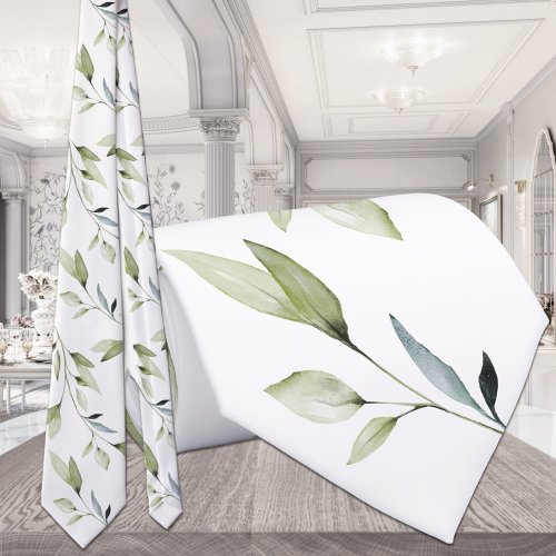 Eucalyptus Leaf Greenery Elegance White Wedding Neck Tie