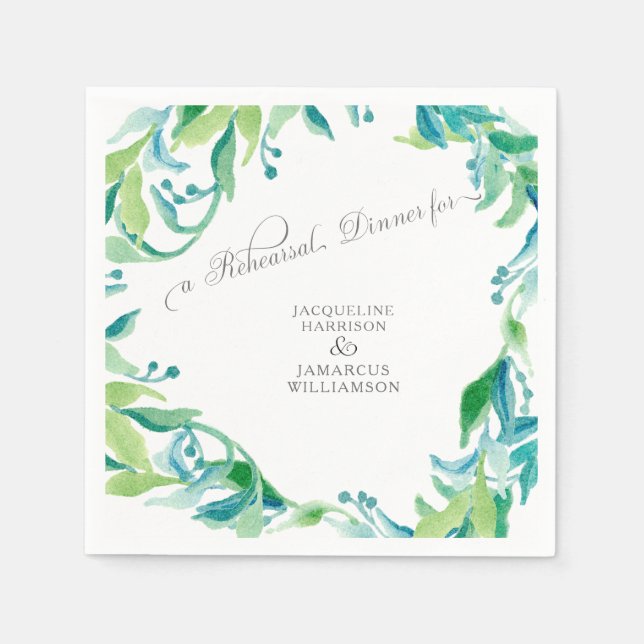 Eucalyptus  Leaf Laurel Wreath Rehearsal Dinner Napkins (Front)
