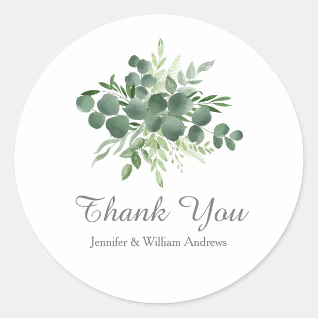  Eucalyptus Leaf Nature Greenery Script Thank You Classic Round Sticker (Front)