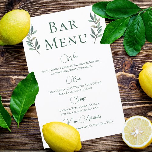 Eucalyptus Leaf Simple Botanical Wedding Bar Menu