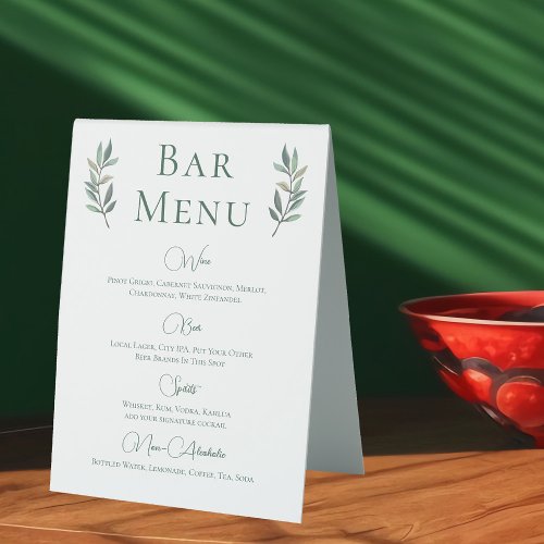 Eucalyptus Leaf Simple Botanical Wedding Bar Menu Table Tent Sign