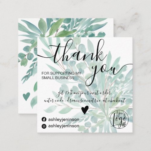 Eucalyptus leaf watercolor green order thank you square business card