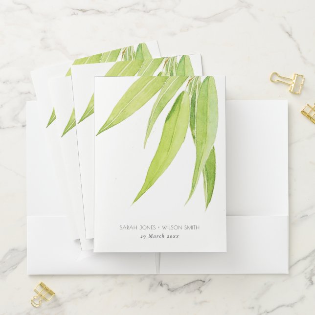 EUCALYPTUS LEAF WATERCOLOUR FAUNA WEDDING MONOGRAM POCKET FOLDER (In Situ)