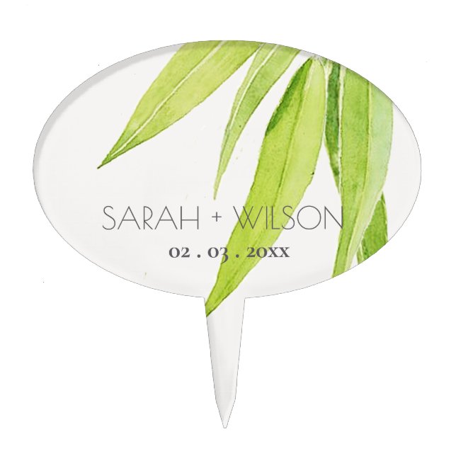 EUCALYPTUS LEAF WATERCOLOUR FOLIAGE MONOGRAM CAKE TOPPER (Front)