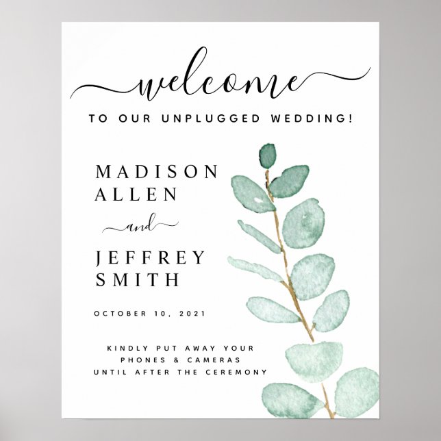 Eucalyptus Leaf Wedding Unplugged Welcome Sign (Front)