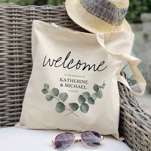 Eucalyptus leaf wedding welcome favor tote bag