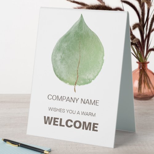 Eucalyptus Leaf Welcome Company Typography Table Tent Sign