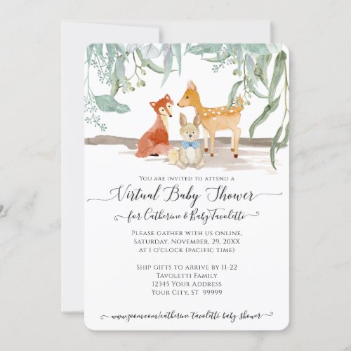 Eucalyptus Leaf Woods Deer Fox Baby Virtual Shower Invitation