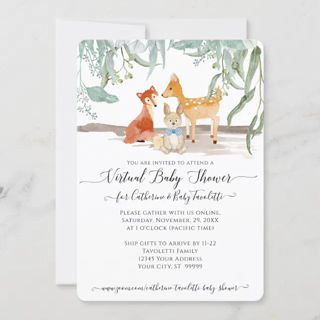 Eucalyptus Leaf Woods Deer Fox Baby Virtual Shower Invitation | Zazzle