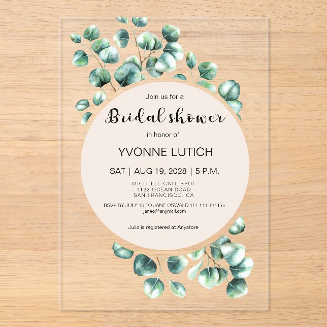 Eucalyptus Leafy Bridal Shower  Acrylic Invitations (Front)