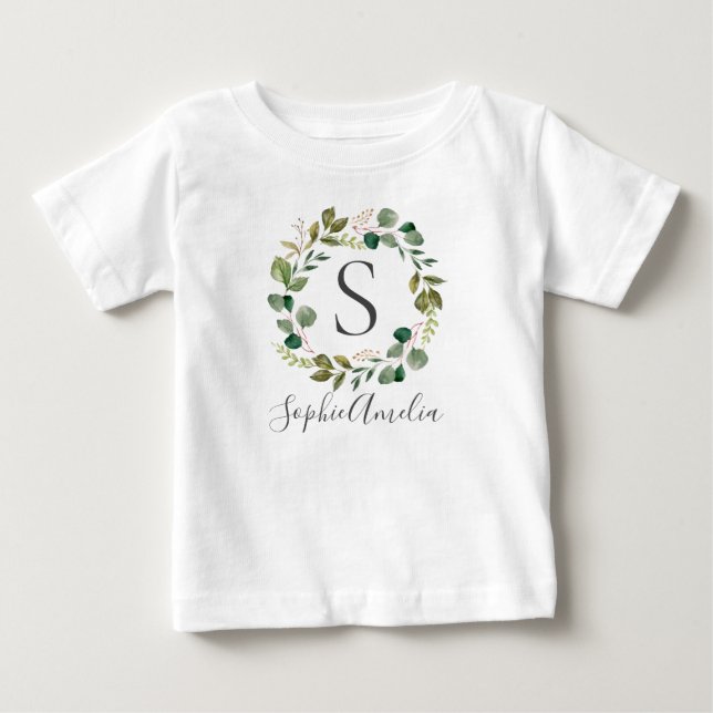 Eucalyptus Leafy Wreath Personalized Baby Name Baby T-Shirt (Front)