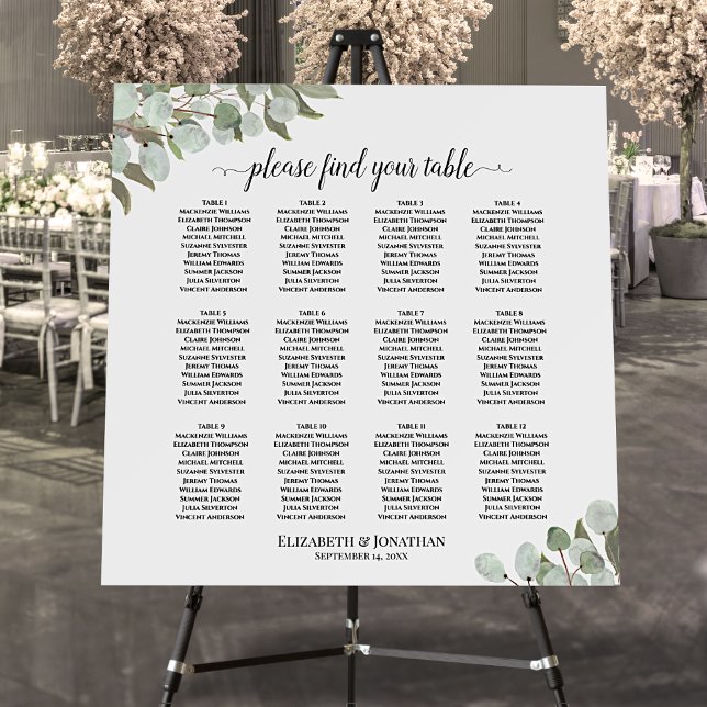 Eucalyptus Leaves 12 Table Wedding Seating Chart Foam Board (In Situ at Reception)