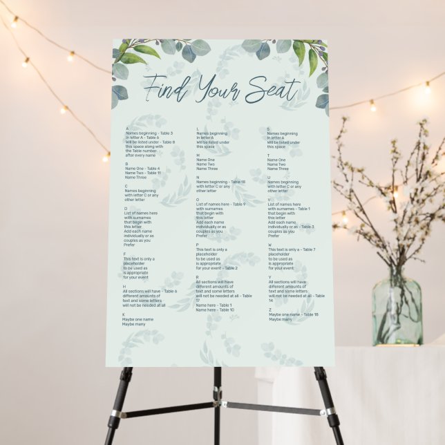 Eucalyptus Leaves Alphabetical Table Seating Chart Foam Board (In Situ (Stand))