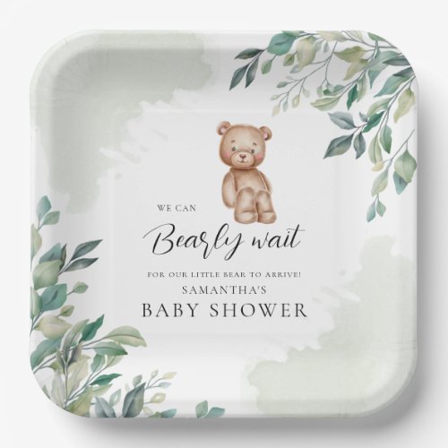 Eucalyptus Leaves and Bear Baby Shower Paper Plates