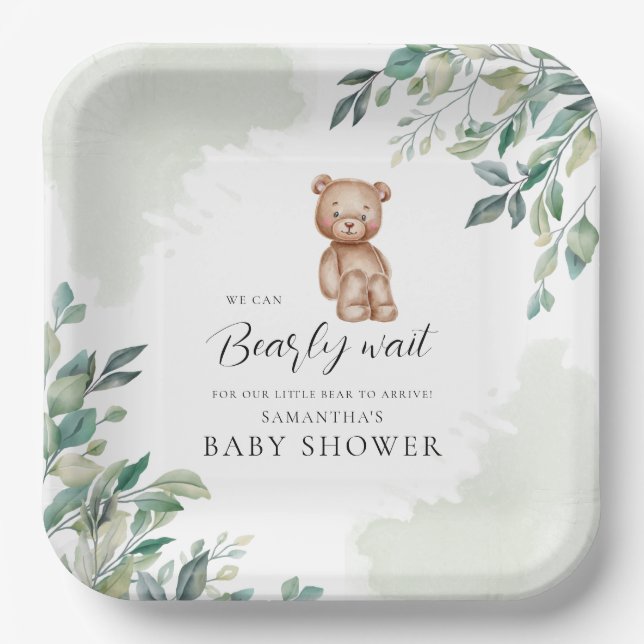 Eucalyptus Leaves and Bear Baby Shower Paper Plates (Front)