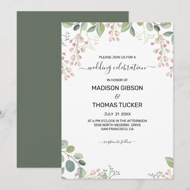 Eucalyptus Leaves And Pink Flowers Wedding Invitation (Front/Back)