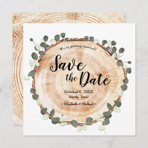 Eucalyptus leaves and wood Wedding website QR code Save The Date