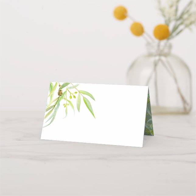 Eucalyptus leaves art wedding place cards (Front)