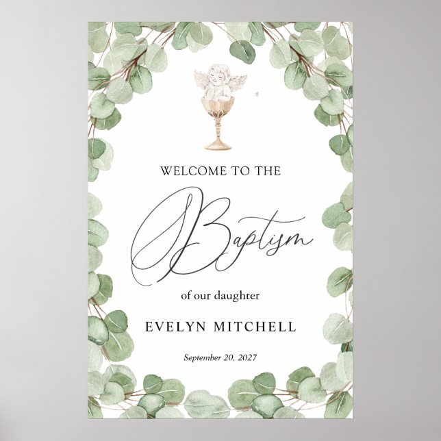 Eucalyptus Leaves Baby Angel Baptism Welcome Sign (Front)