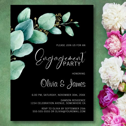 Eucalyptus Leaves Black Engagement Party Invitation