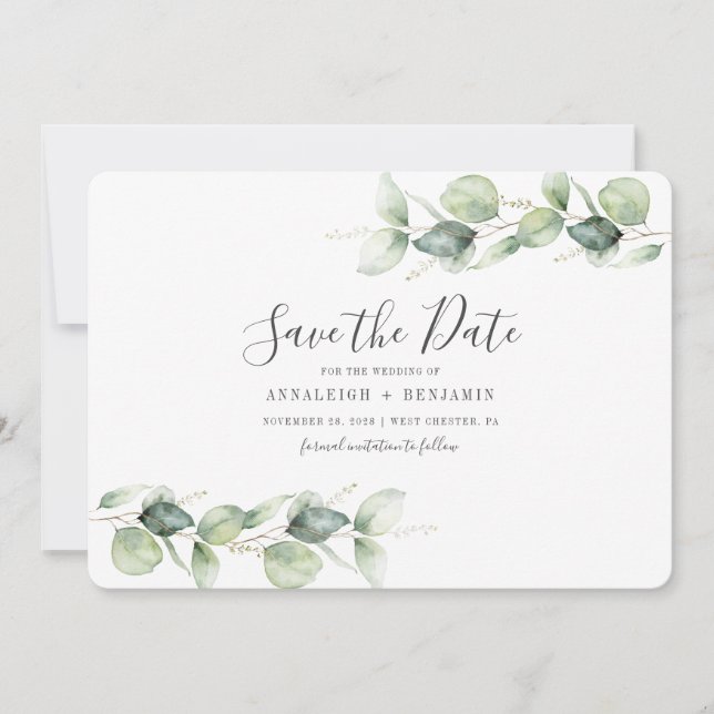 Eucalyptus Leaves Botanical Wedding Save The Date (Front)